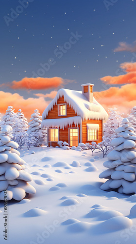 Small wooden house in snowy landscape  Christmas concept scene illustration