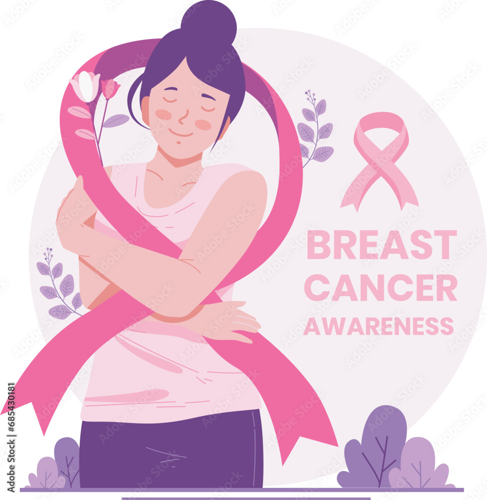 Breast Cancer Awareness Month. A Woman With a Ribbon Pink As a Concern and Support for Women With Breast Cancer. Women’s Health Solidarity and Disease Prevention Campaign