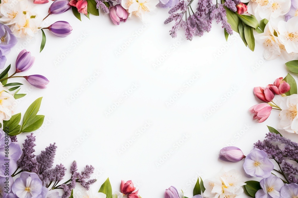spring flowers frame with solid white background. overlay texture with copy space