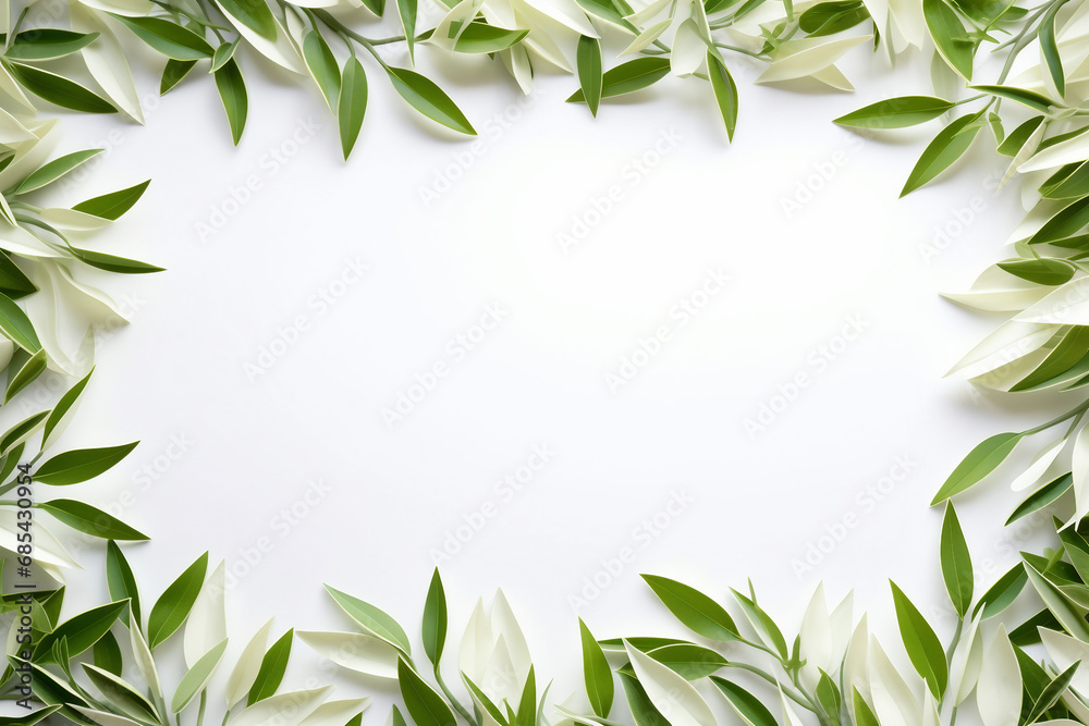 frame of green leaf border with solid white background. overlay texture with copy space