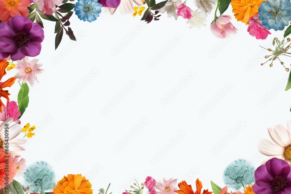 frame of colorful flowers with solid white background. overlay texture with copy space frame of colorful flowers with solid white background. overlay texture with copy space