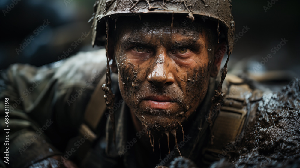 Worn-out Fighter in Trench, Soaked in Mud, Staring Wearily at Camera Worn-out Fighter in Trench, Soaked in Mud, Staring Wearily at Camera