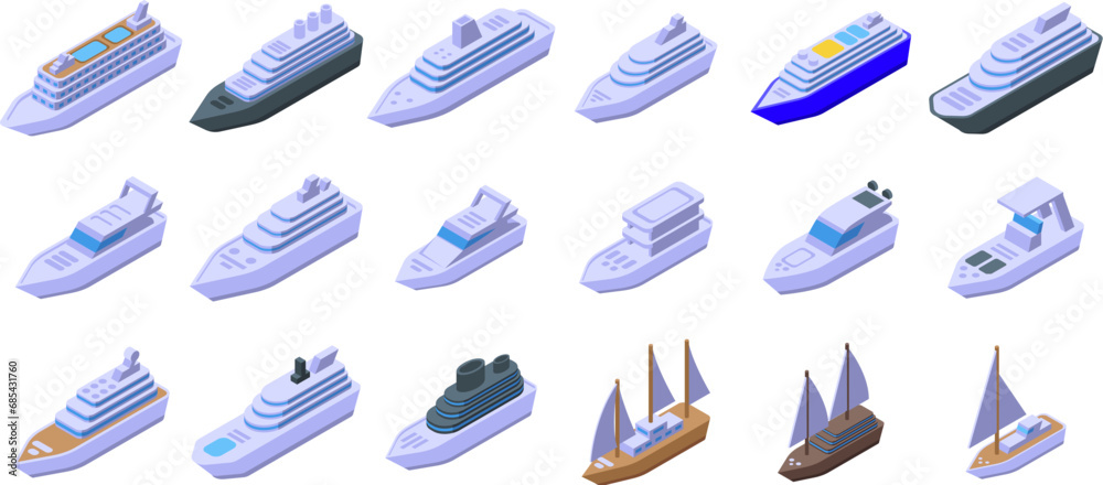 Luxury trip boat icons set isometric vector. Large cruise ship. Vacation water travel