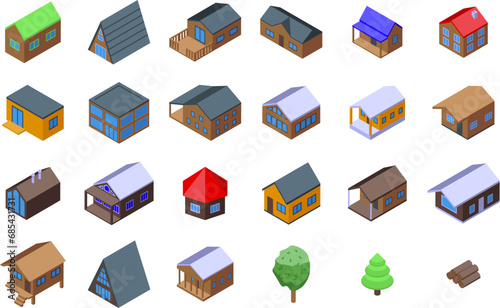 Wooden cabin icons set isometric vector. Wood tree house. Camp small log