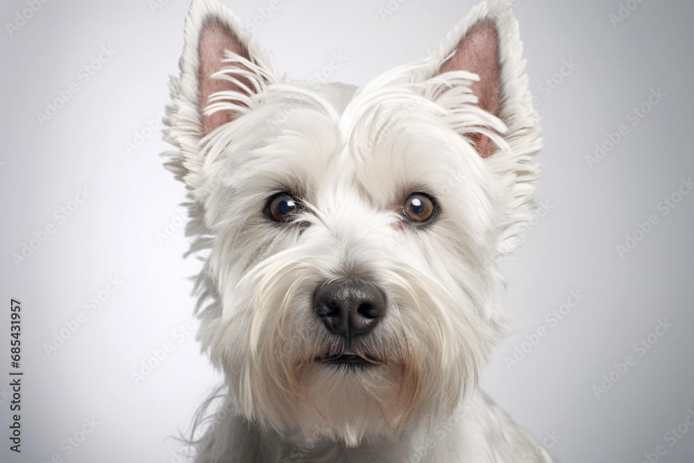West Highland White Terrier dog close-up portrait on a white background. West Highland White Terrier dog close-up portrait on a white background.