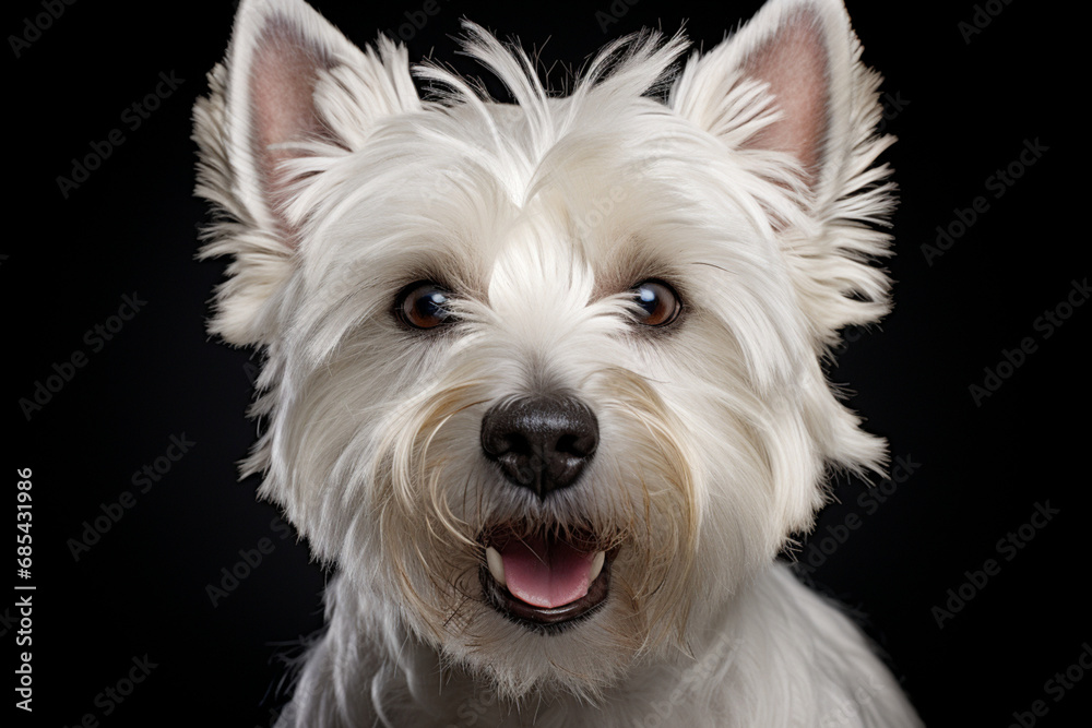 West Highland White Terrier dog close-up portrait on a black background. West Highland White Terrier dog close-up portrait on a black background.
