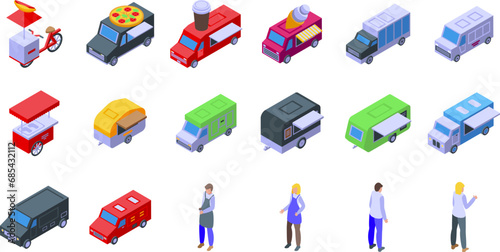 Cafe on wheels icons set isometric vector. Food truck. Coffee cotton candy snack