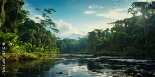 The Brazil and Colombian Amazon river - High res photo with HDR and texture, beautiful focus on the water and the lush plant life around the river photo