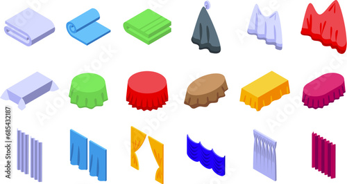 Cloth material with drapery icons set isometric vector. Fiber textile. Fashion cotton