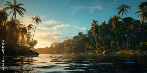 Fototapeta Naklejka Na Ścianę i Meble -  The Brazil and Colombian Amazon river - High res photo with HDR and texture, beautiful focus on the water and the lush plant life around the river