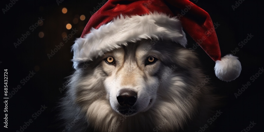 a white and gray wolf wearing a santa hat, generative AI - obrazy, fototapety, plakaty 