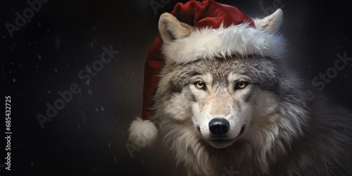 a white and gray wolf wearing a santa hat  generative AI