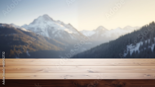 Wooden Table with Swiss Alps in Background © Miranext