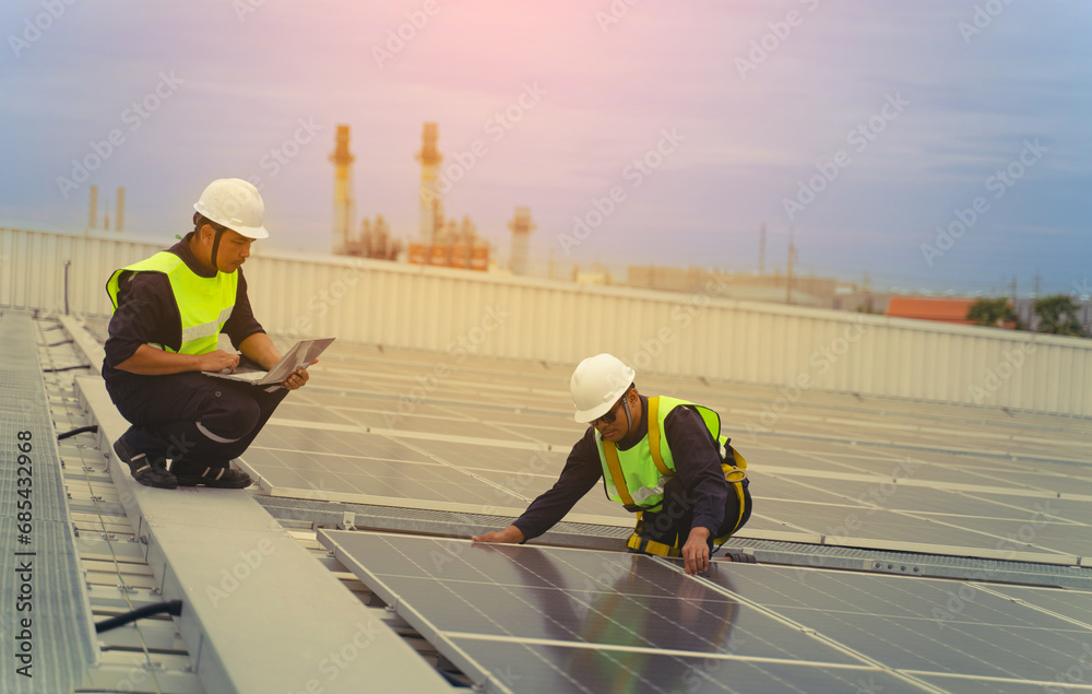 Technology solar cell, Engineers walking on roof inspect and check solar cell panel, service check installation solar cell on the roof of factory, repair solar cell on the roof of factory in morning.