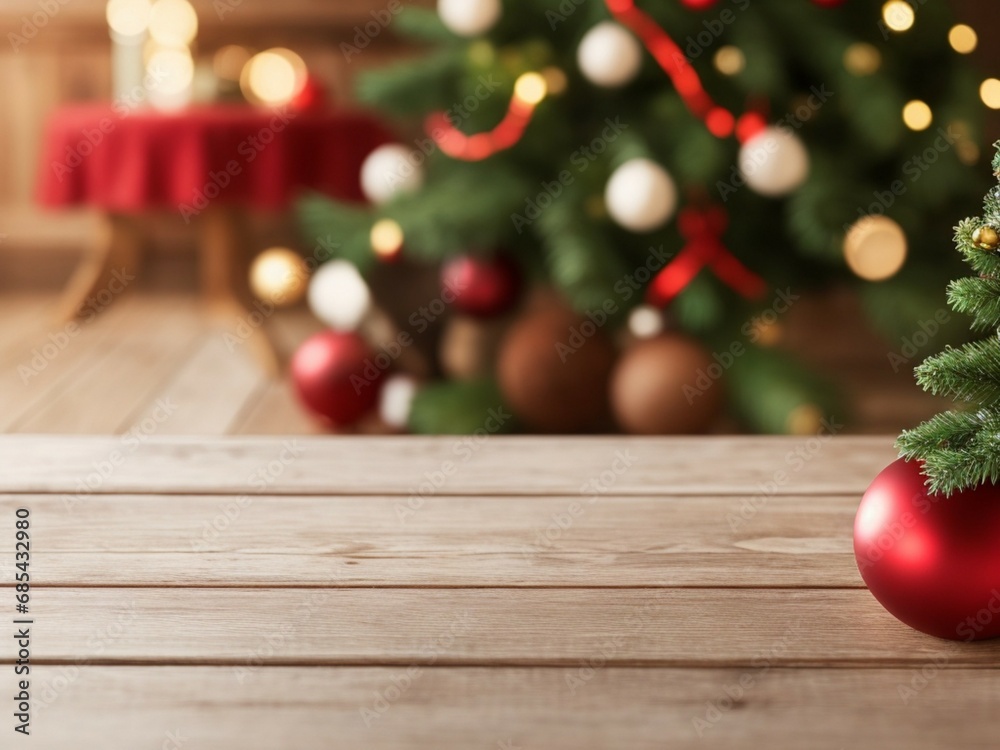 Empty wooden table with christmas theme in background Empty wooden table with christmas theme in background