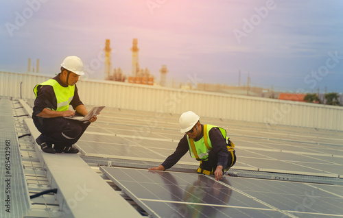 Wallpaper Mural Technology solar cell, Engineers walking on roof inspect and check solar cell panel, service check installation solar cell on the roof of factory, repair solar cell on the roof of factory in morning. Torontodigital.ca