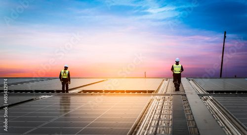 Technology solar cell, Engineers walking on roof inspect and check solar cell panel, service check installation solar cell on the roof of factory, repair solar cell on the roof of factory in morning.
