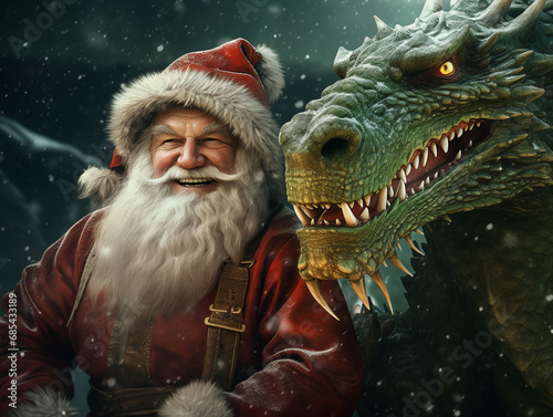 Santa Claus with a green dragon close-up. © Alexey Lesik