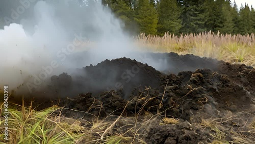 Closeup small section peat moss, with thin tendrils smoke billowing from blackened surface fire dies down. warmth from burn almost felt through screen, gardener adds final layer
