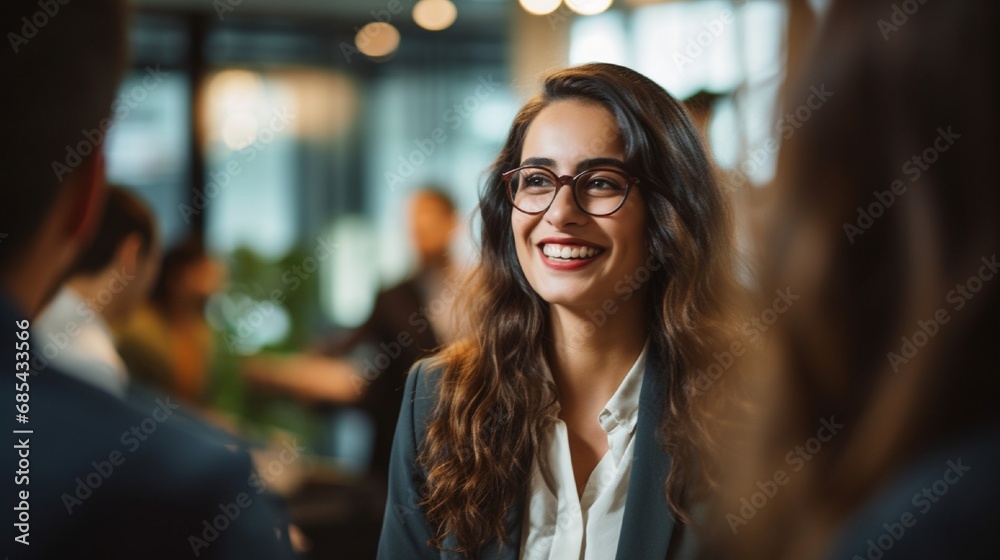 Cheerful businesswoman discussing success strategies in a corporate environment. Cheerful businesswoman discussing success strategies in a corporate environment.