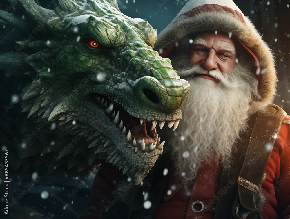 Santa Claus with a green dragon close-up. Santa Claus with a green dragon close-up.