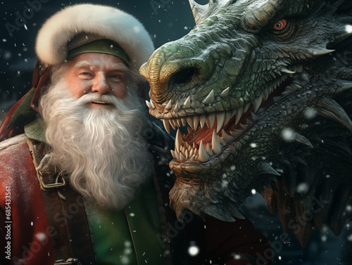 Santa Claus with a green dragon close-up.