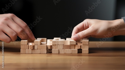 Close-up perspective of two people connecting wooden pieces together.