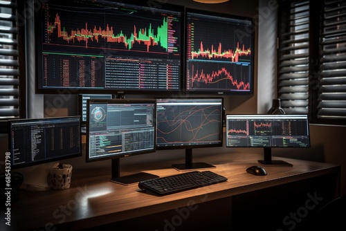 Desk with multiple computer screens displaying graphs and charts related to business automatization.