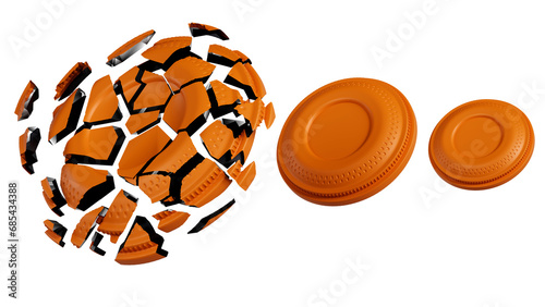 3D rendering of shattered clay shooting target on a white background