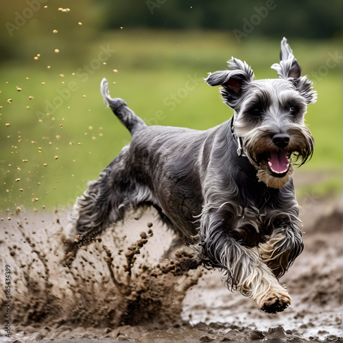 Happy Miniature Schnauzer dog running through dirt and mud