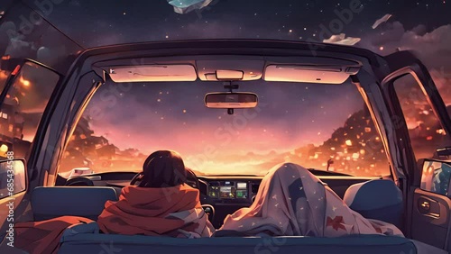 Watching movie theater, snuggled blankets stars above. sound rain roof adds cozy nostalgic vibe. stream overlay animation