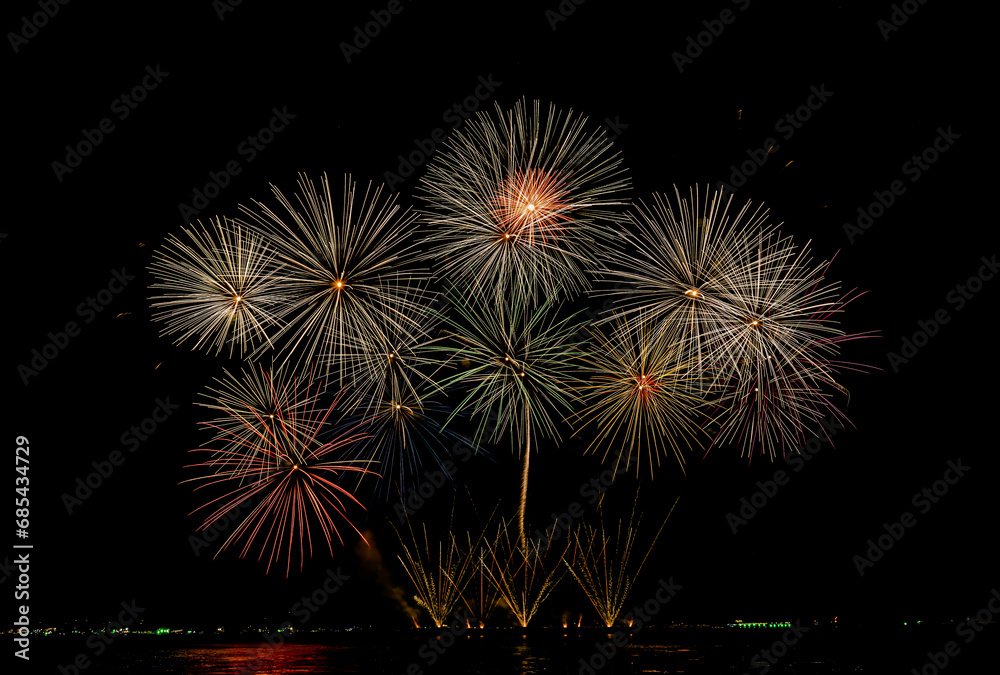 Fireworks show under defocus or blur concepts with isolated black background at night, this celebration is for the International Fireworks Festival in Pattaya on Nov 24-25 in Thailand. Fireworks show under defocus or blur concepts with isolated black background at night, this celebration is for the International Fireworks Festival in Pattaya on Nov 24-25 in Thailand.