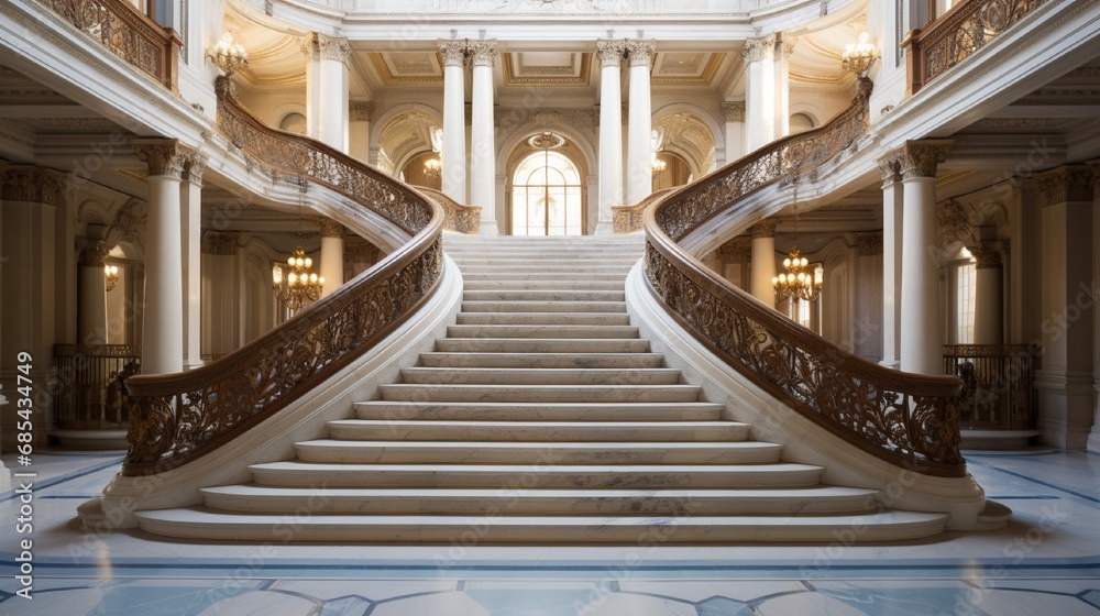 A grand marble staircase with ornate railings in a classical architectural setting.