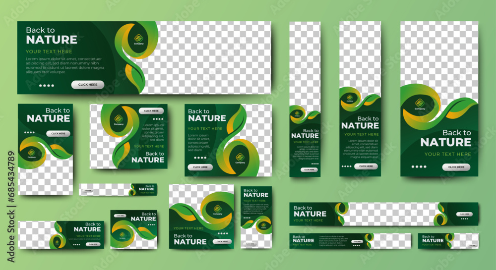 Nature banner design web template Set, Horizontal header web banner. Modern Gradient green cover header background for website design, Social Media Cover ads banner, flyer, invitation card