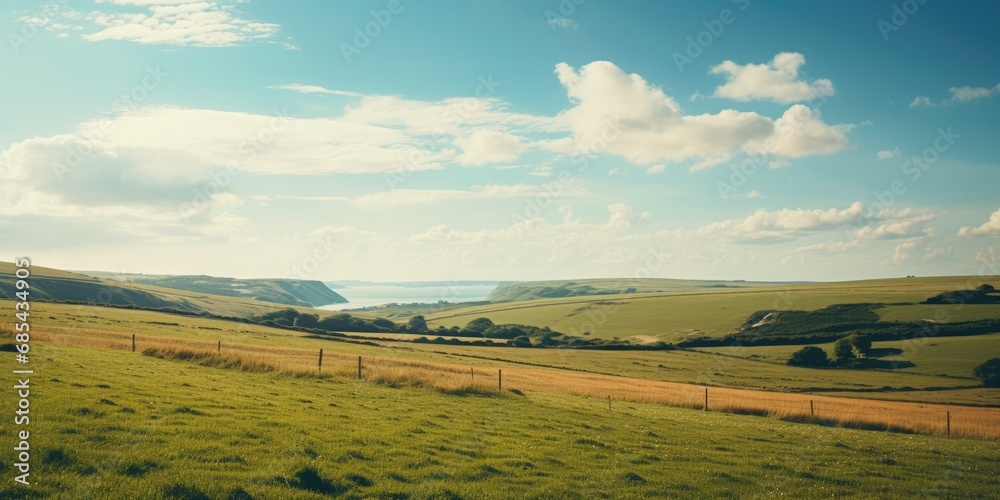 The beautiful English countryside - United Kingdom landscape - green fields and blue skies