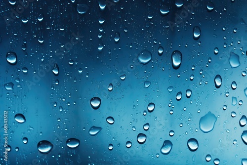 Water drops on glass with blue background. Rain drops on window.