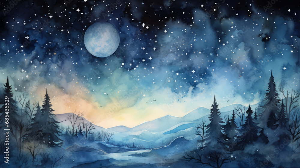 Naklejka premium Moonlit Starry Watercolor Night Sky