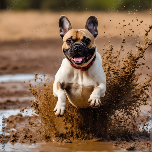 Happy tan and black French bulldog running through a mud puddle © Andy Walker