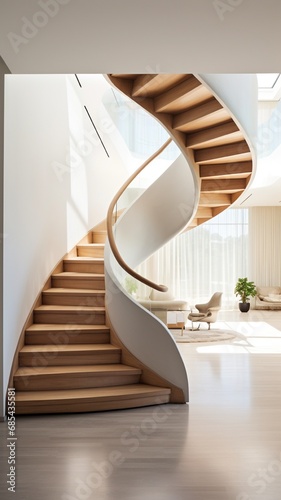 A minimalist staircase design showcasing a single ribbon-like structure winding gracefully upwards, creating a sculptural focal point.