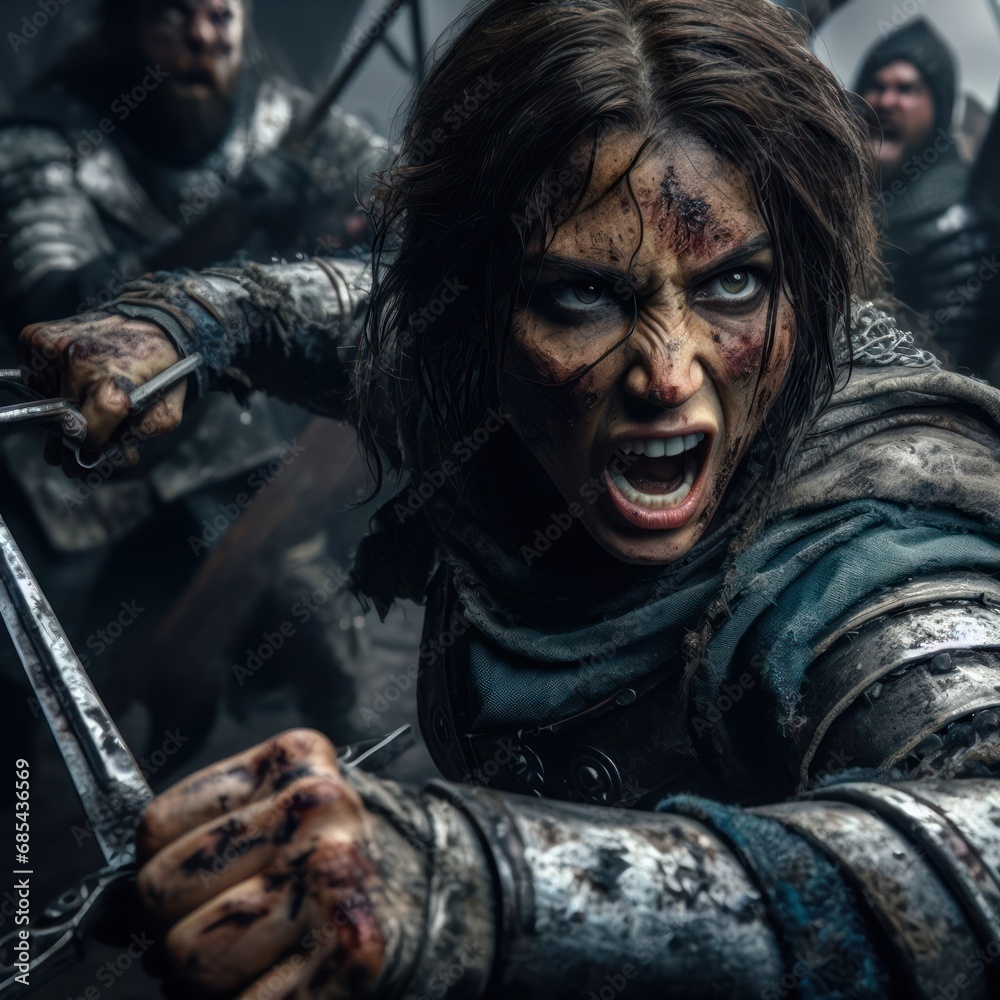 closeup of a strong female warrior enraged and in battle with a sword