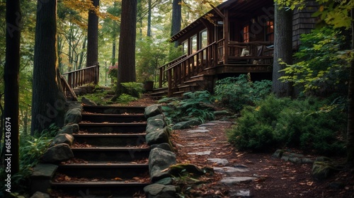 A rustic wooden staircase leading to a cozy cabin hidden in the woods.