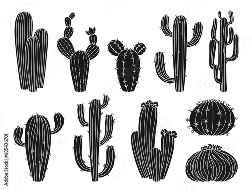 Cactus hand drawn exotic silhouette plants set. Trendy engraving succulent collection isolated. Scrapbook botanical contour desert cacti. Mexico western shape vector jungle etching illustration