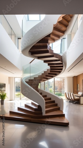 A series of interlocking, cantilevered staircases forming an architectural marvel, accentuating the space with its innovative design.
