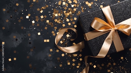Flat lay black and gold ribbon gift box with confetti, merry christmas and happy holiday greeting card, frame banner