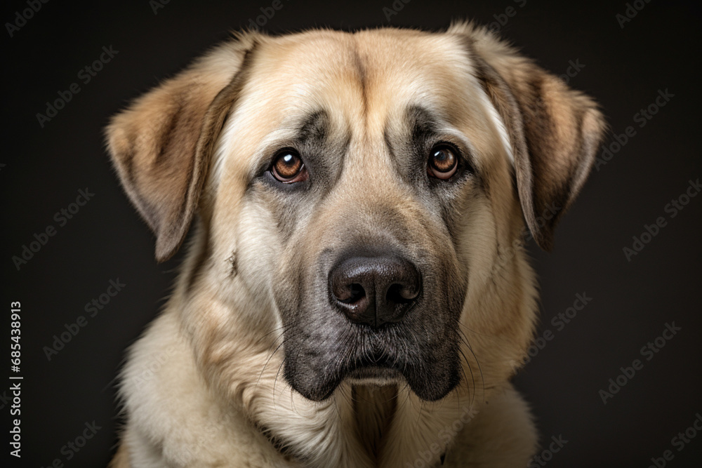 Kangal Shepherd Dog close-up portrait on a black background. Kangal Shepherd Dog close-up portrait on a black background.