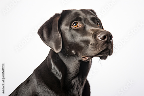 Labrador Retriever dog close-up portrait on a white background.	
