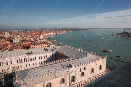 Aerial view of Venice, Italy with calm waterways and beautiful architecture. Serene and picturesque cityscape captures the peaceful atmosphere of summer in Venice.
