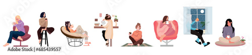 Set of women drinking hot tea on white background