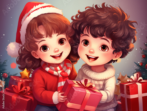 Children in the atmosphere of Christmas holiday in the style of drawn cartoons. Cheerful children with Christmas presents near Christmas tree at home. In 2D cartoon style.