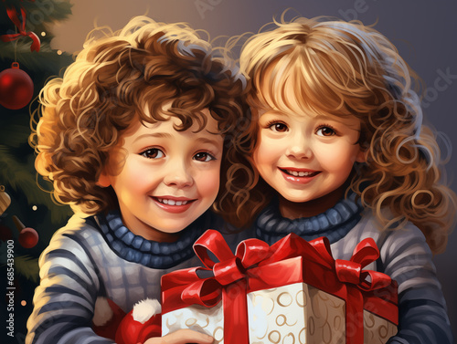 Children in the atmosphere of the New Year's holiday. Joyful children with Christmas presents near the Christmas tree at home. In 3D cartoon style